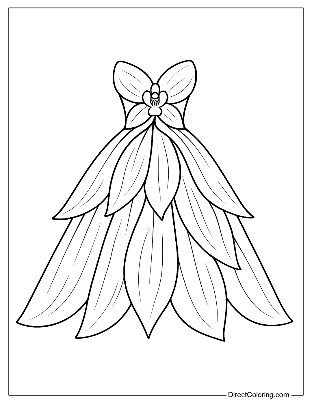 A high-class dress coloring page inspired by orchids, elegantly designed with large interwoven petals